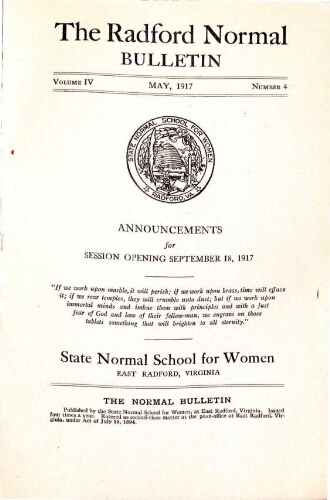 Radford Normal Bulletin Graduation/Student Roster List 1916-1917