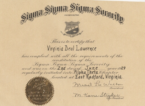 Tri Sigma Initiation Certificate