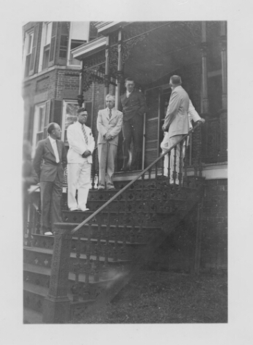 1.24.6: Dr. Smith, Mr. Graybeal, Mr. Rainey, Vernon Newman, Carl McConnell, and Dr. Swaney at Tea for Graduates by Faculty, Summer 1938
