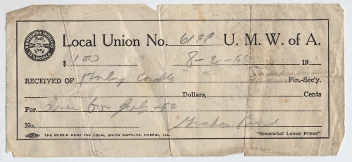 Harley Cordle's receipt for paying union dues in 1952