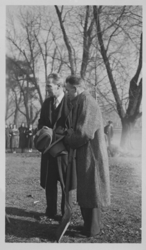 2.29.3: Dr. Peters and Dr. Burch watch breaking of ground for the Science Hall, December 20, 1938